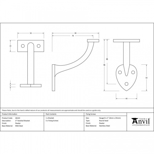 Pewter 3'' Handrail Bracket